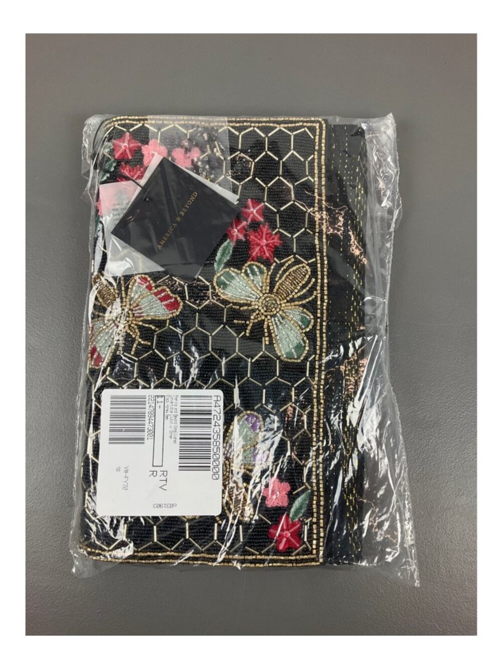 America and Beyond Black Clutch: Embroidered Floral Bee Design with Beadwork and
